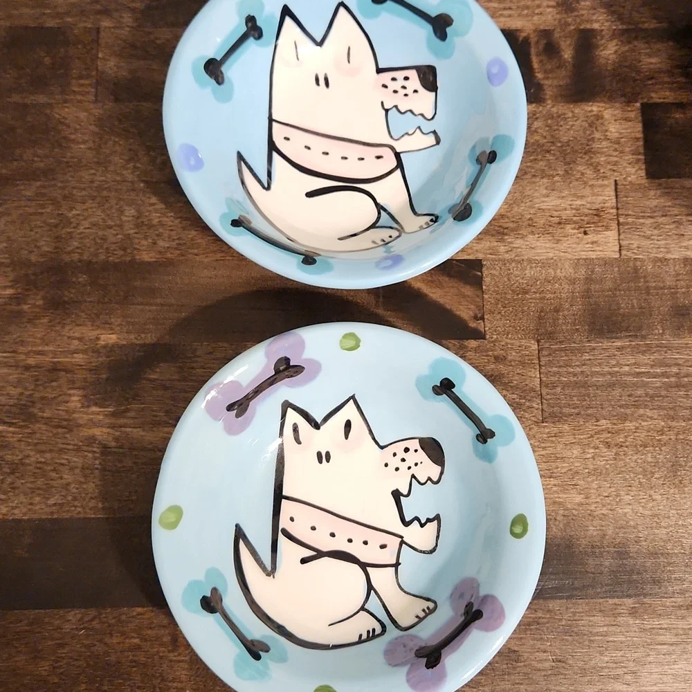 Set Of 2 Signed Cartoon Dog - Dog Bone Pottery Bowls